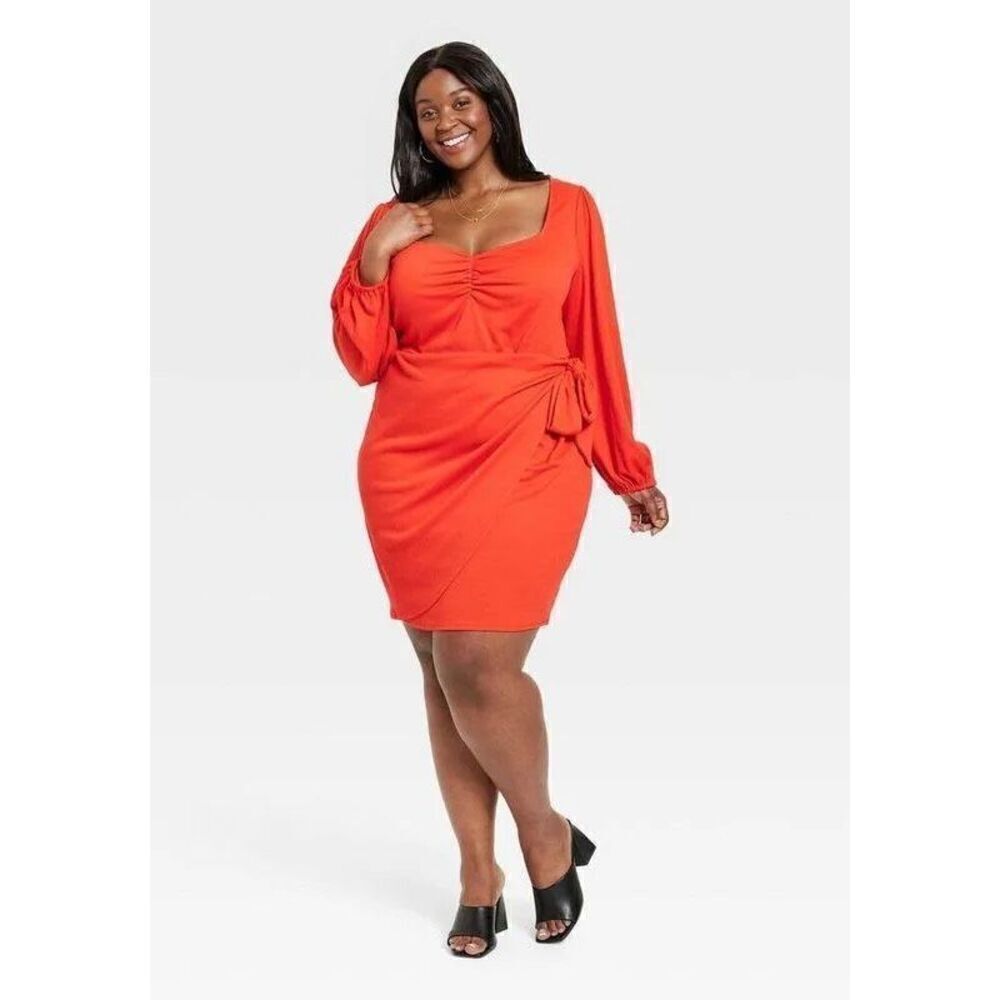 NWOT Womens Ava & Viv Balloon Long Sleeve Runway Red Wrap Dress - Sz 2X